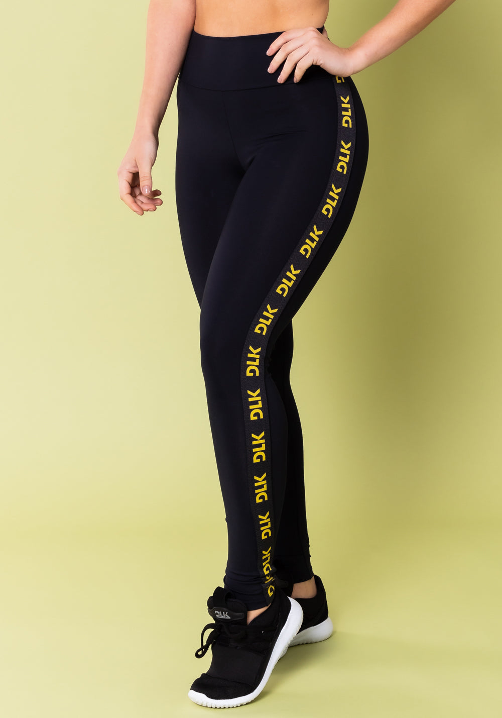 Calça Legging Energy Poliamida Preta Com Elástico Detalhe Amarelo Dlk