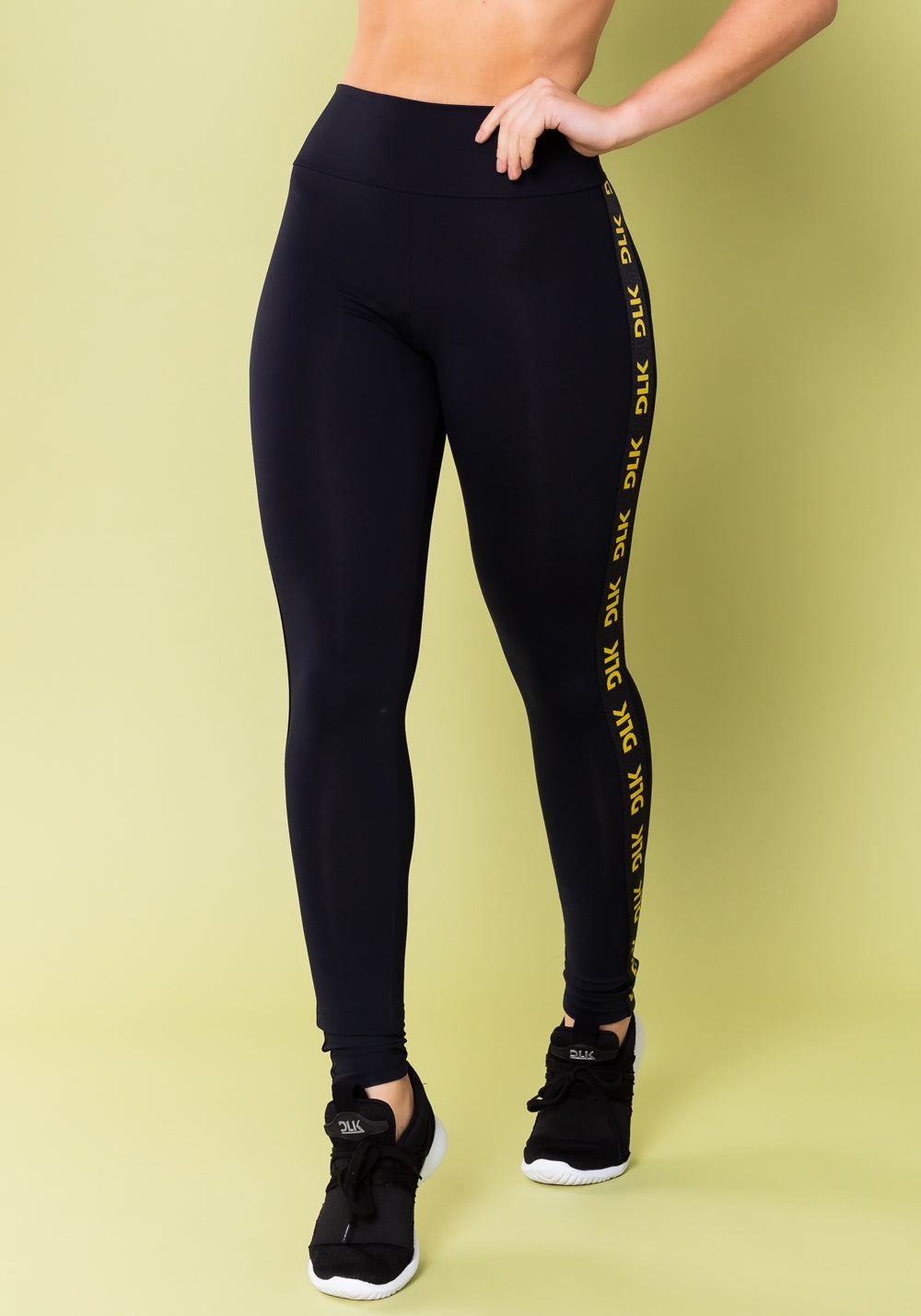 Calça Legging Energy Poliamida Preta Com Elástico Detalhe Amarelo Dlk