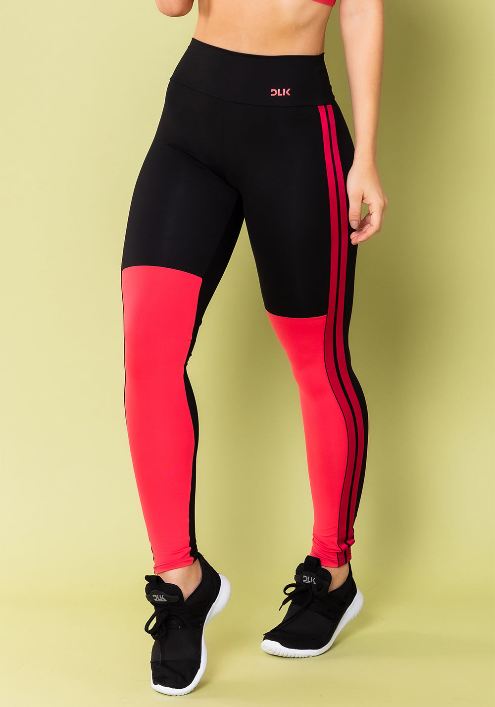 Calça Legging Energy Preta Com Recorte E Elástico Rosa Dlk