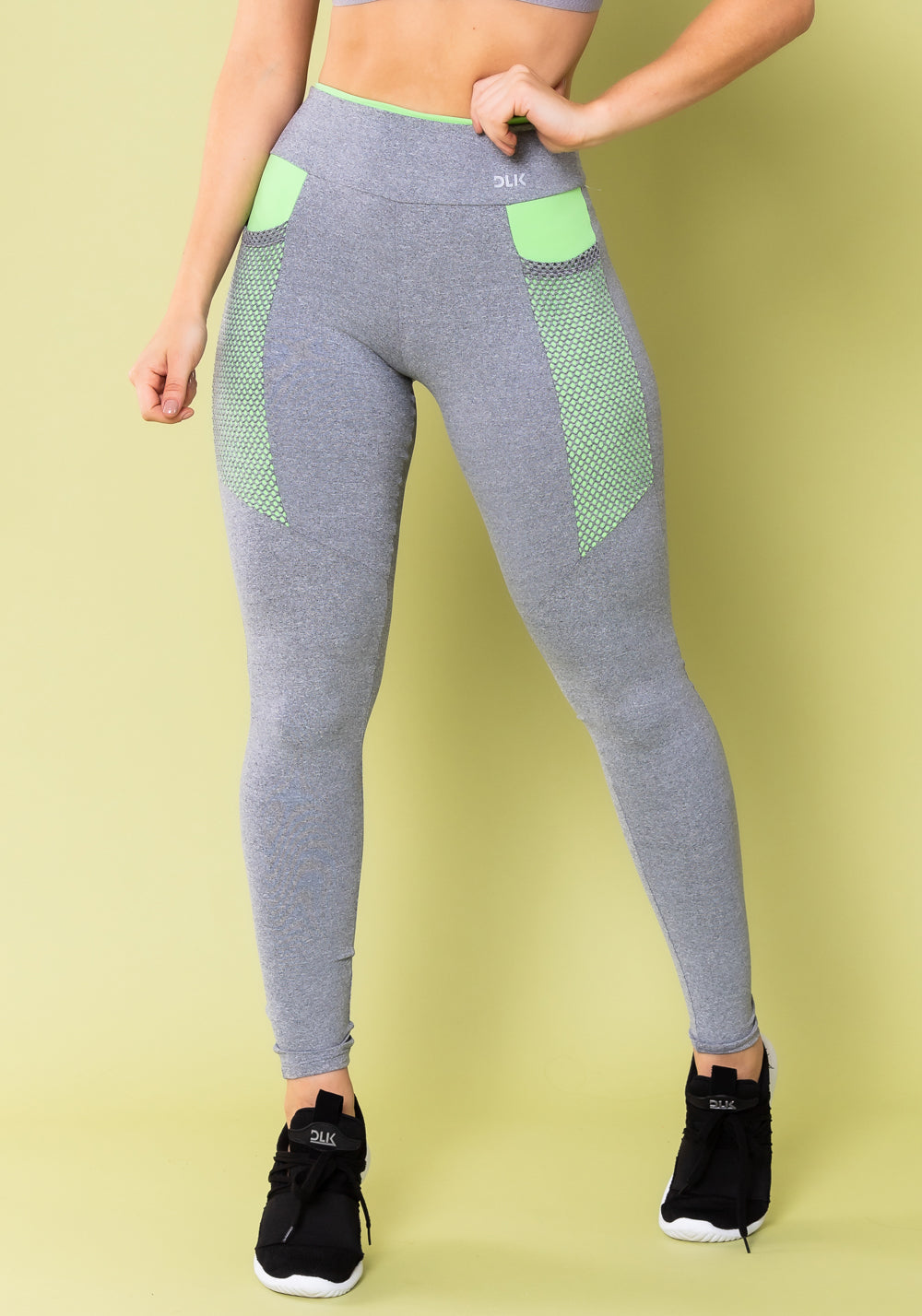 Calça Legging Energy Mescla Com Recorte Verde E Tela Dlk