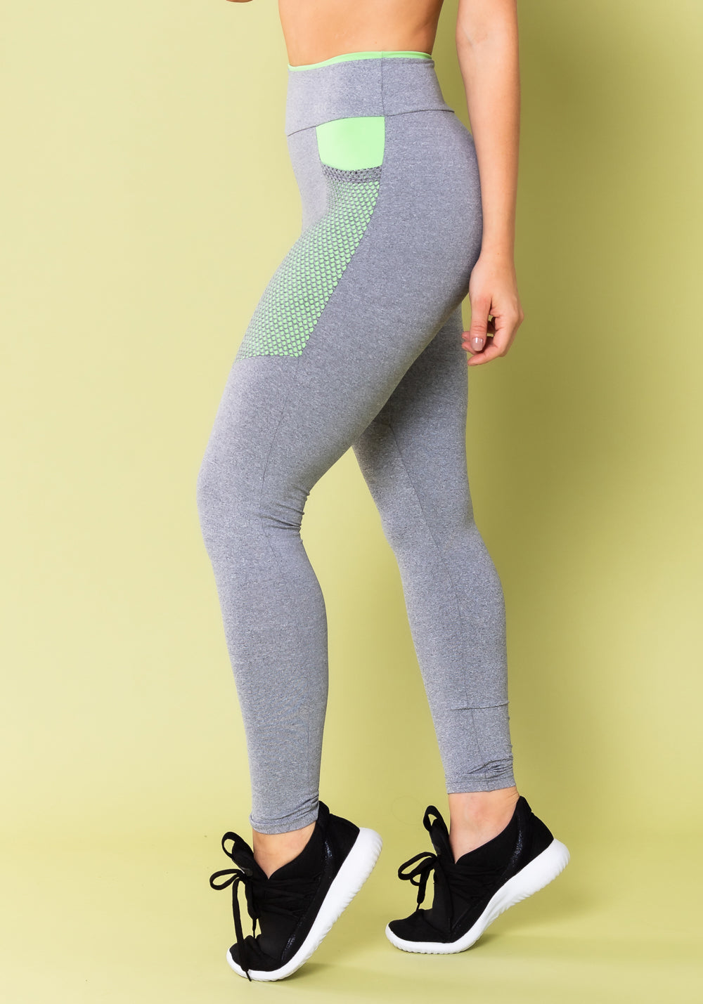 Calça Legging Energy Mescla Com Recorte Verde E Tela Dlk