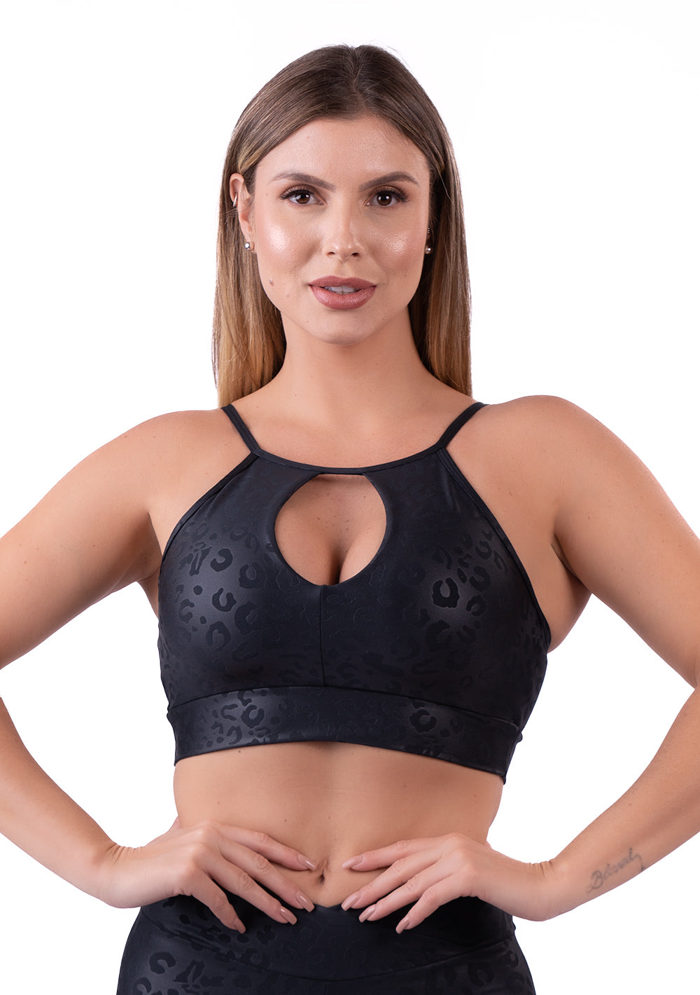 Top Shine Preto Texturizado Onça Decote Gota Dlk