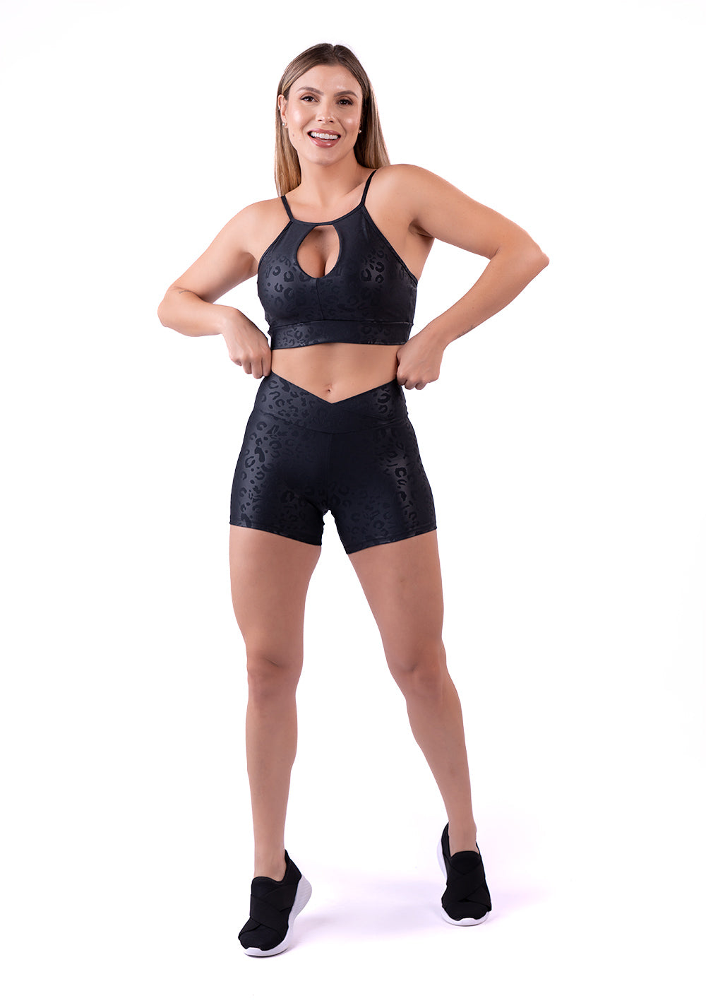 Top Shine Preto Texturizado Onça Decote Gota Dlk