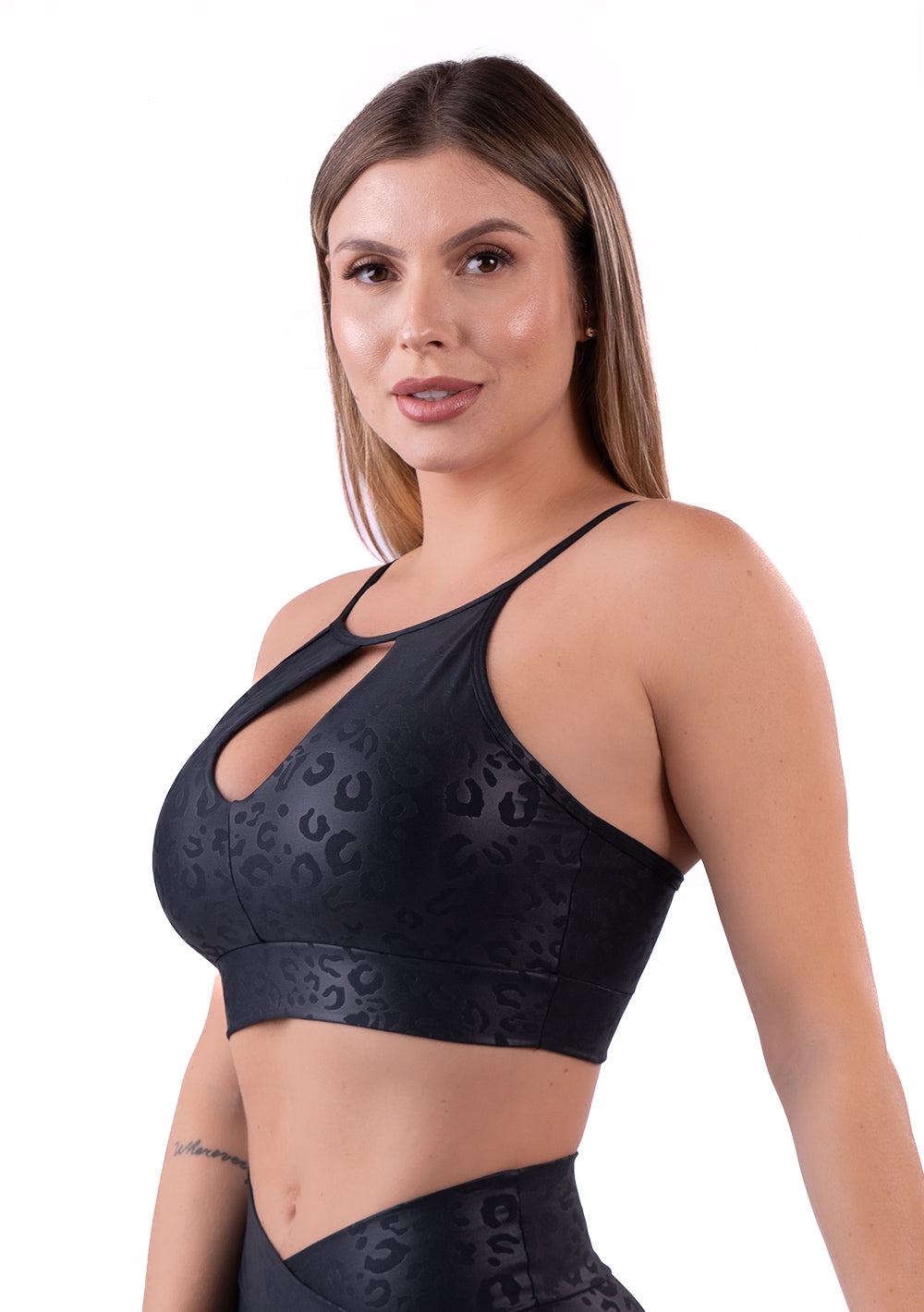 Top Shine Preto Texturizado Onça Decote Gota Dlk