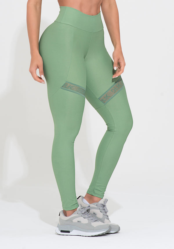 Legging Fitness Feminina Verde Com Recorte E Elástico Vazado Action Dlk