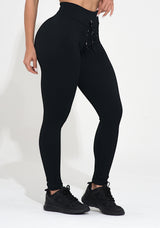 Legging Fitness Feminina Preta Canelada Com Cadarço Action Dlk