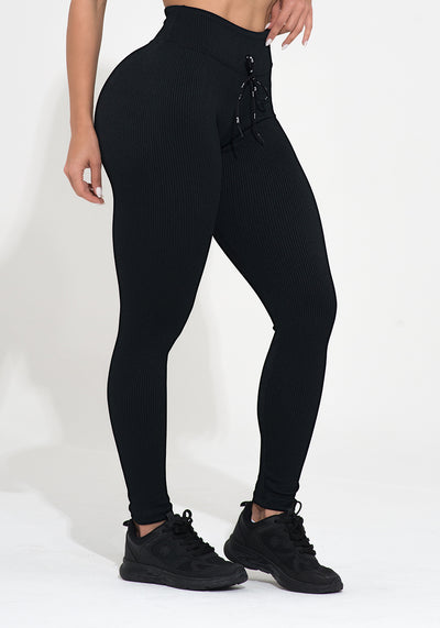 Legging Fitness Feminina Preta Canelada Com Cadarço Action Dlk