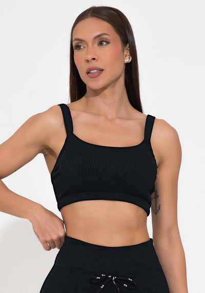 Top Fitness Feminino Com Bojo Preto Canelado Action Dlk