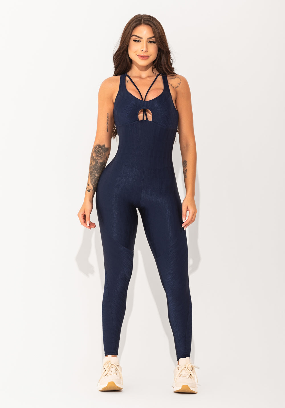 Macacão Fitness Feminino Marinho Texturizado Cut-out Com Recortes Elegance Dlk