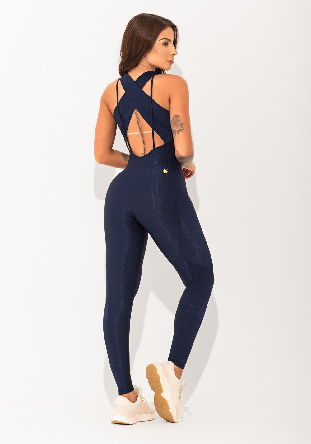 Macacão Fitness Feminino Marinho Texturizado Cut-out Com Recortes Elegance Dlk