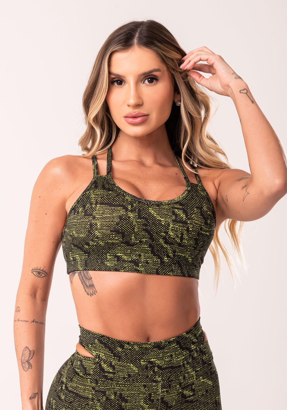 Top Fitness Feminino Neon Com Alça Dupla Estampado Camouflage