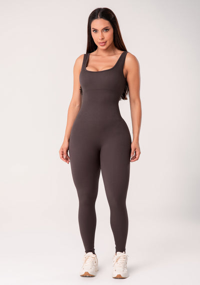 Macacão Fitness Feminino Marrom Canelado Com Bojo Seamless+ Dlk