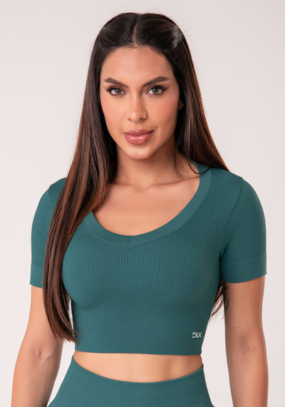 Cropped Feminino Verde Escuro Canelado Seamless+ Dlk
