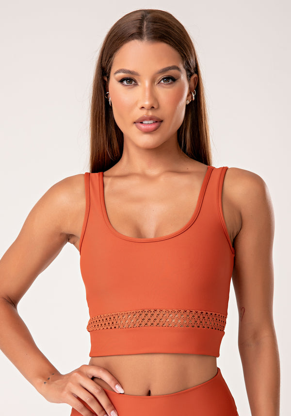 Top Fitness Feminino Terracota Com Tela Lush Dlk