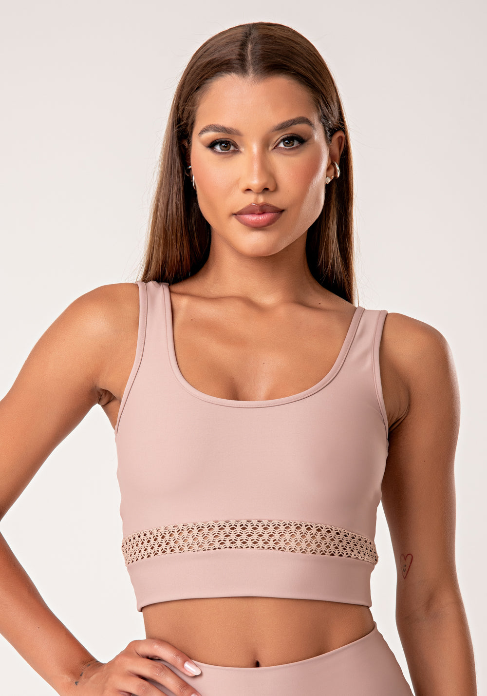 Top Fitness Feminino Nude Com Tela Lush Dlk