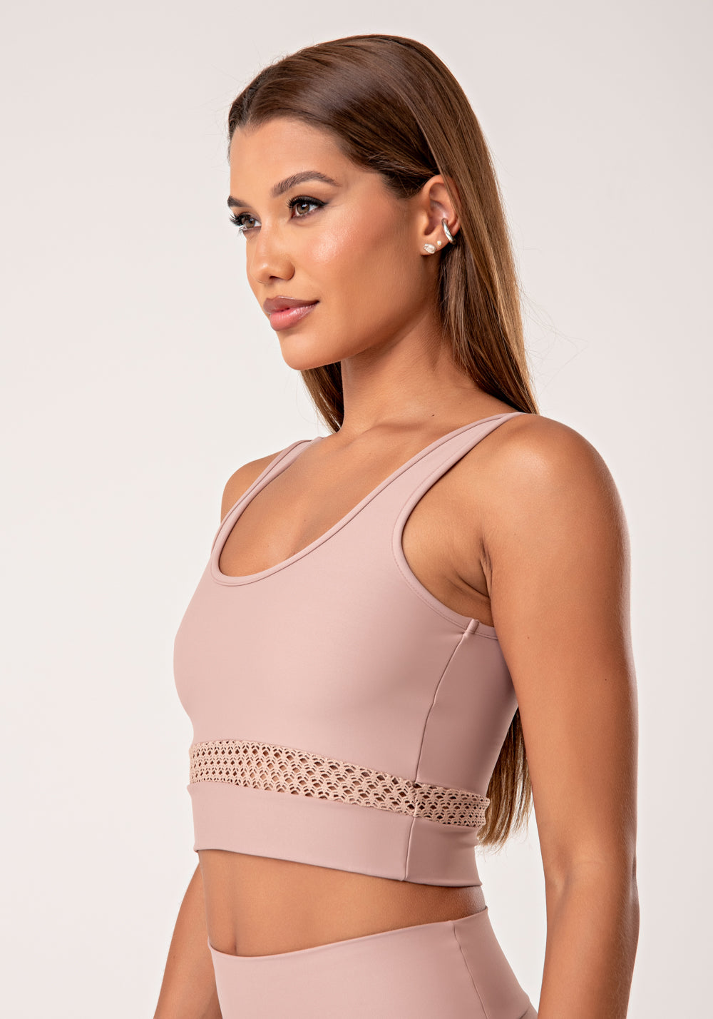 Top Fitness Feminino Nude Com Tela Lush Dlk