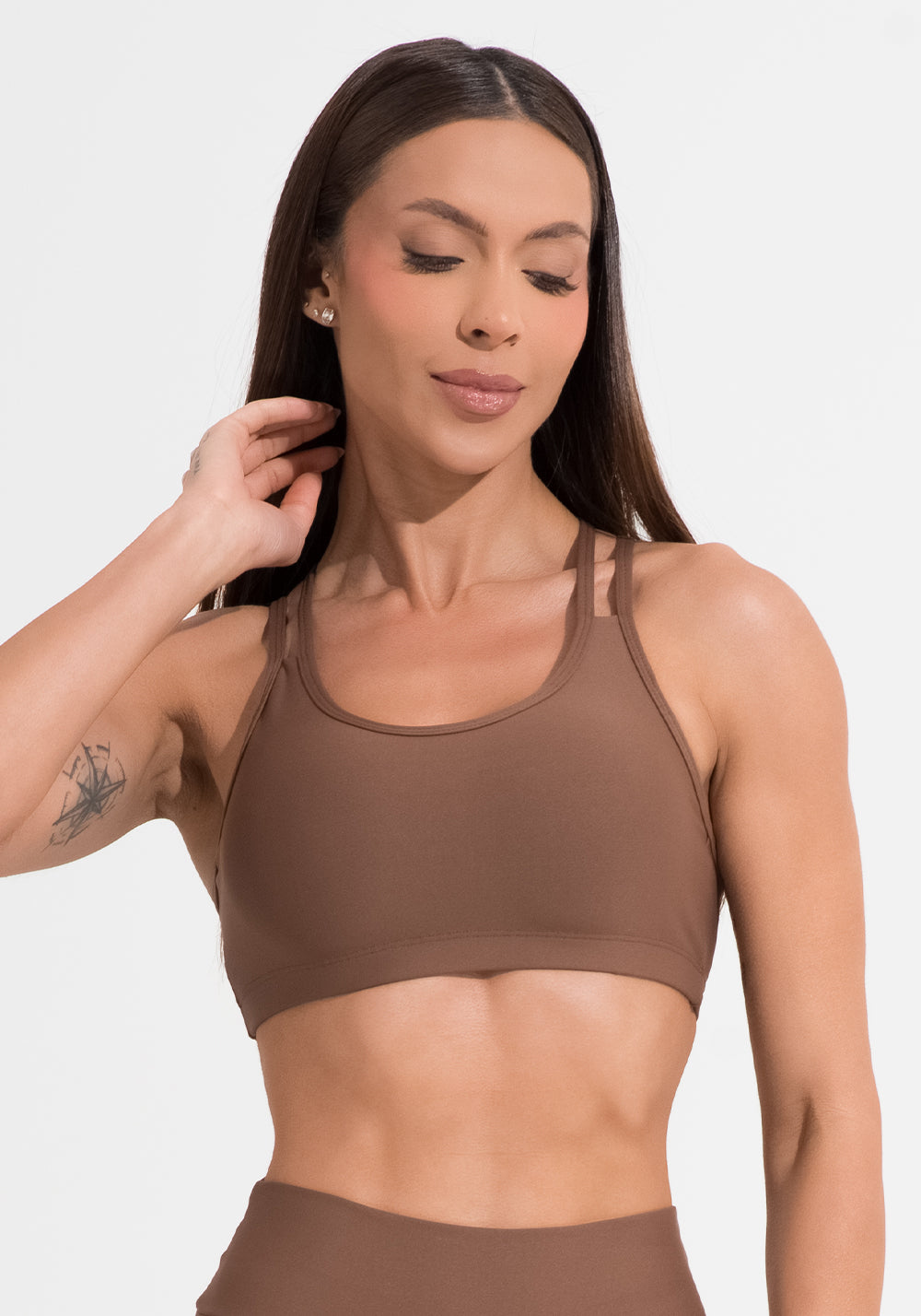 Top Fitness Feminino Marrom Com Alça Dupla Aura Dlk