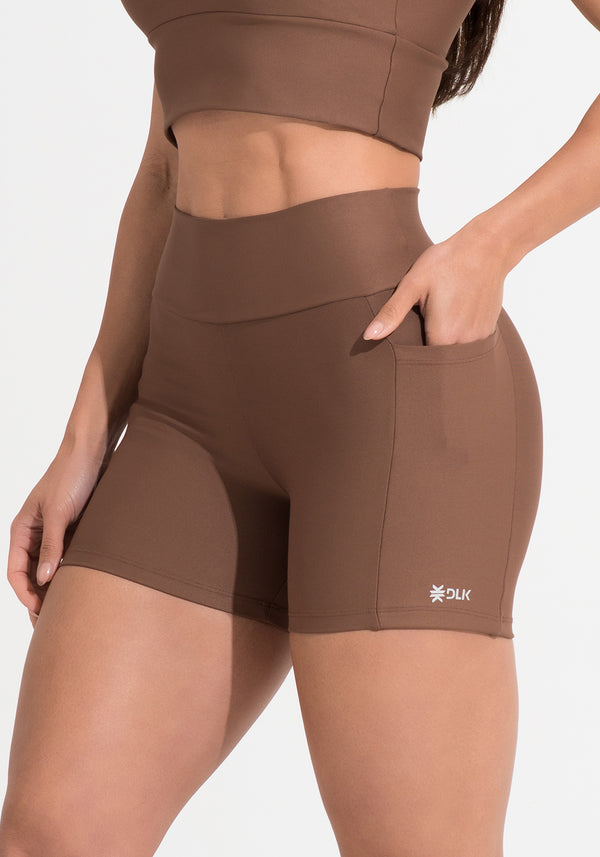 Short Fitness Feminino Marrom Com Bolsos Aura Dlk