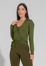 Casaco Feminino Transpassado Com Amarração Motion Lines Dlk Verde Oliva
