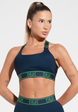 Top Fitness Feminino Com Bojo E Alças De Elástico Com Tule Nas Costas Activity Dlk Azul Marinho