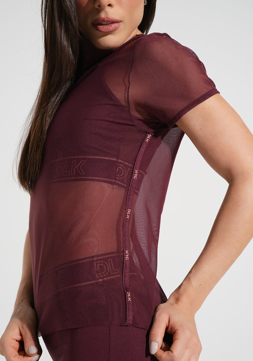 Blusa Baby Look Feminina De Tule Com Elástico Nas Laterais Activity Dlk Vinho
