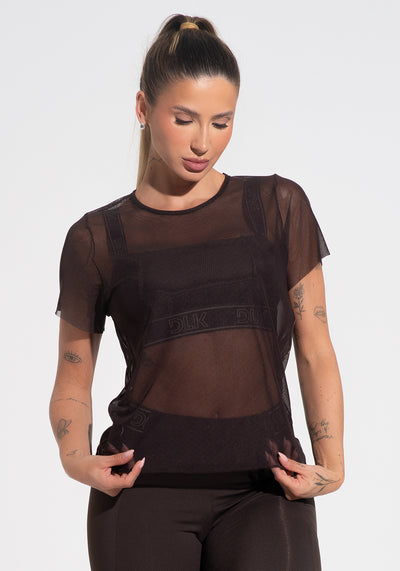 Blusa Baby Look Feminina De Tule Com Elástico Nas Laterais Activity Dlk Azul Marrom Café