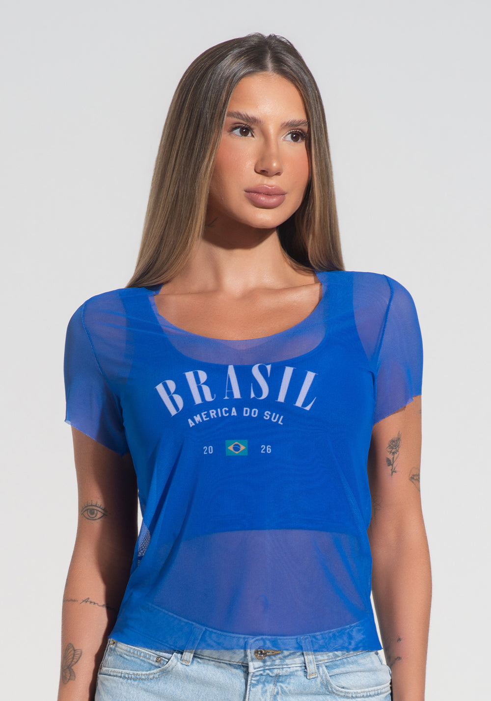 Blusa Baby Look Feminina Tule Produzida No Brasil Dlk Azul – DLK